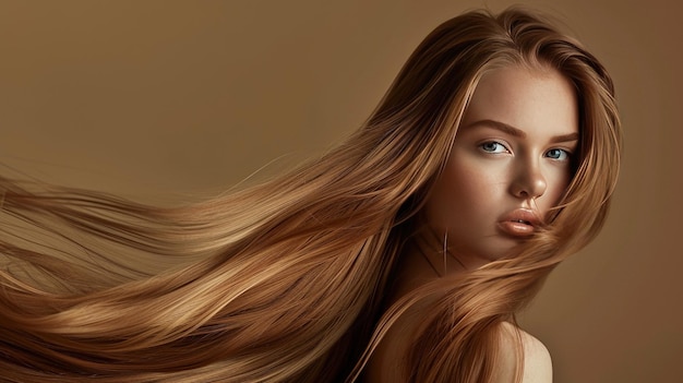 Photo a woman with long hair and a red lip is posing in front of a brown background