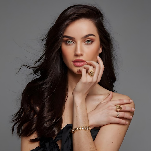 a woman with long hair and a red lipstick is posing with a hand on her chin