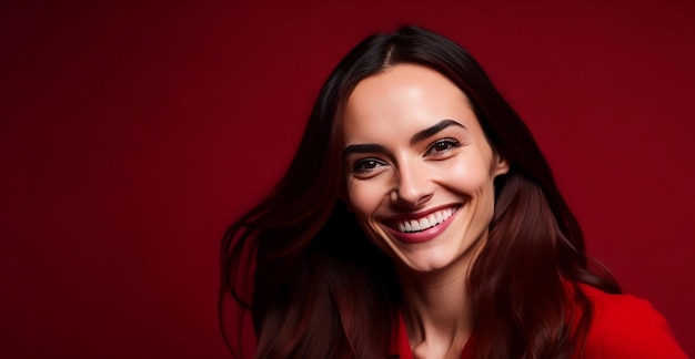 A woman with long hair in a red shirt smiles in front of a red background advertising banner