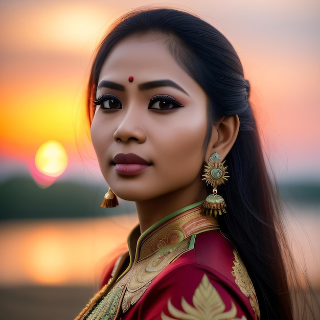 A woman with long hair and a red top stands in front of a sunset.