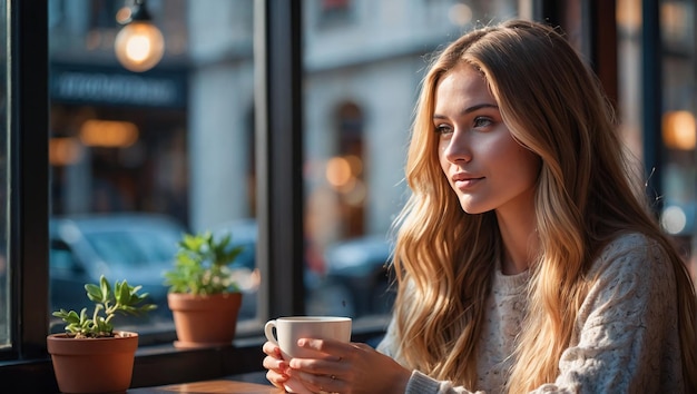 Photo a woman with long hair sits in a cozy cafe holding a cup of coffee lost in thought as she gazes out the window