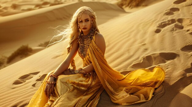 Photo a woman with long hair sits in the desert with a yellow sari