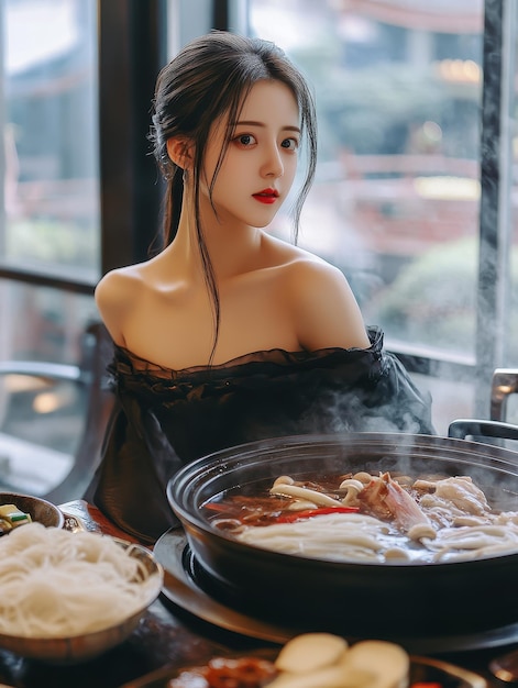 a woman with long hair sits in front of a pan of food