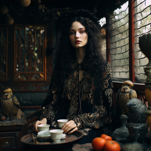 Photo a woman with long hair sits in front of a table with pots and vases.