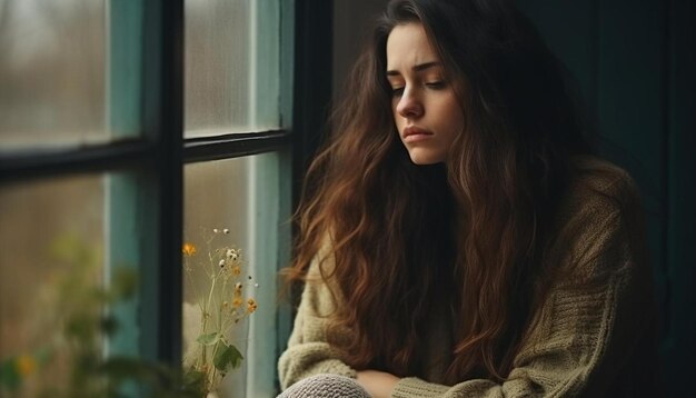 Photo a woman with long hair sits on a window sill