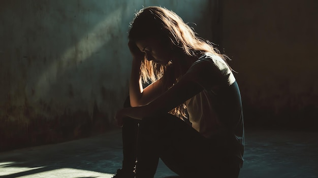 A woman with long hair sits with her head in her hands looking down The wall and floor are dark with a beam of light entering the room from a window