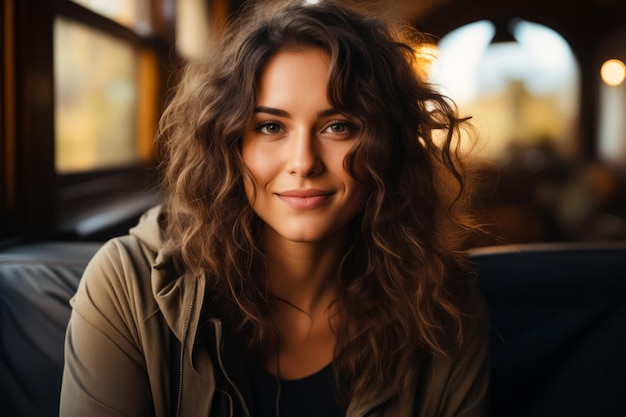 Woman with long hair sitting down smiling at the camera Generative AI