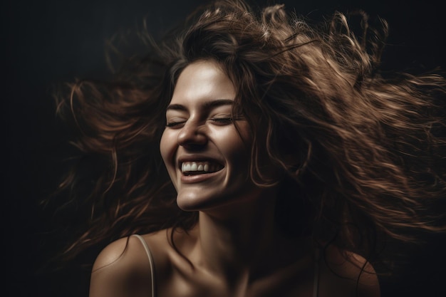 A woman with long hair smiles and her eyes closed.