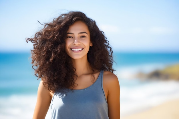 Woman with long hair smiling at the camera on the beach Generative AI