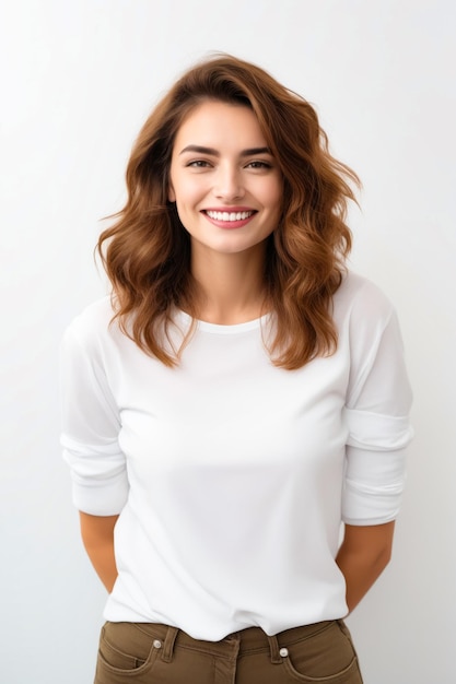 Woman with long hair smiling at the camera with white background Generative AI