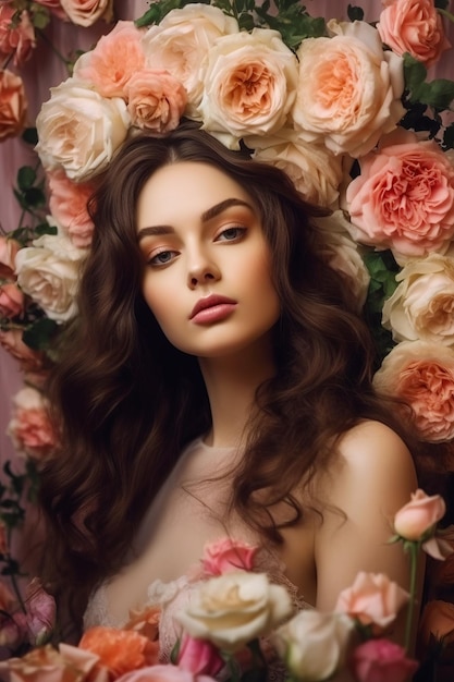 Woman with long hair standing in front of bunch of flowers with her eyes closed Generative AI