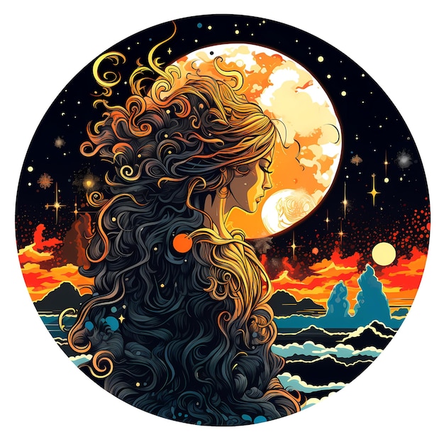 Woman with long hair standing in front of full moon Generative AI