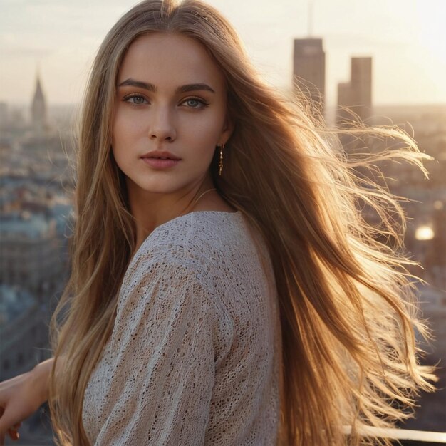 a woman with long hair stands on a balcony with the sun shining on her face