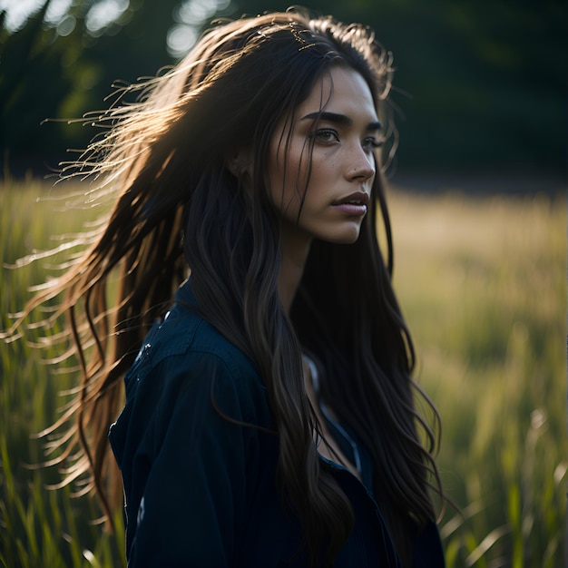 A woman with long hair stands in a field with the sun shining on her face.