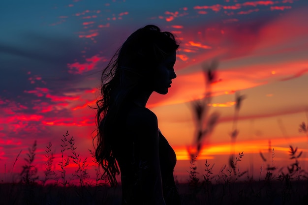 a woman with long hair stands in a field with a sunset in the background