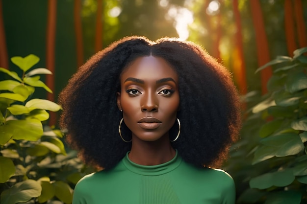 A woman with long hair stands in a forest with a green dress and gold hoop earrings.