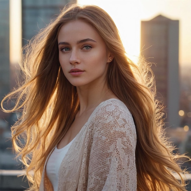 a woman with long hair stands in front of a building