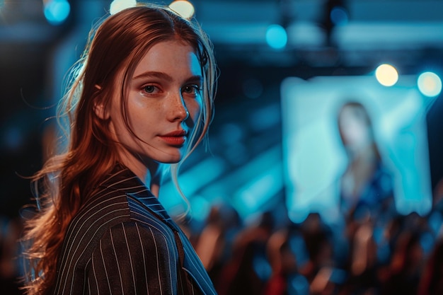 a woman with long hair stands in front of a crowd