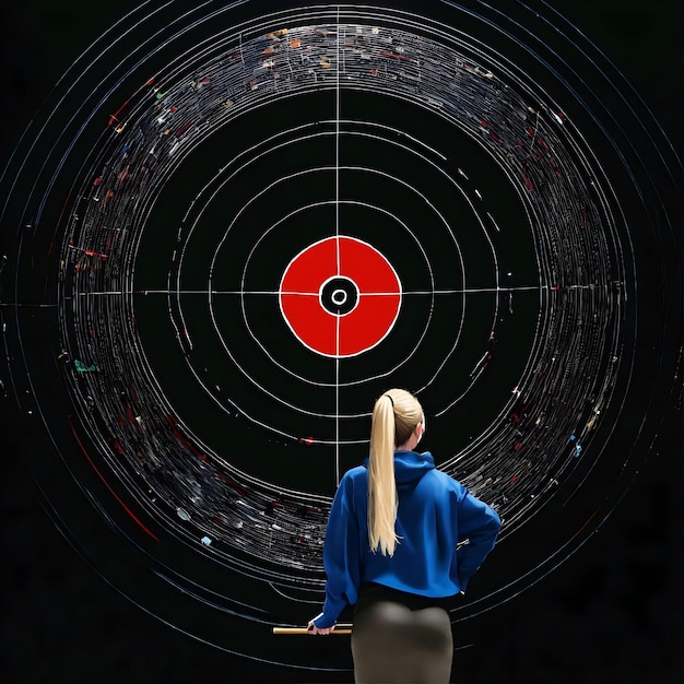 a woman with long hair stands in front of a dart board with a dart board in the center