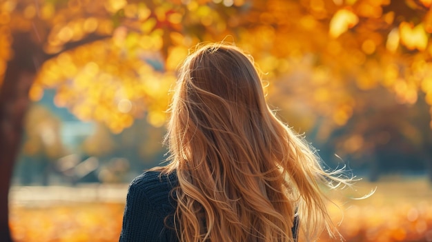 a woman with long hair stands in front of a golden tree with the golden leaves of autumn