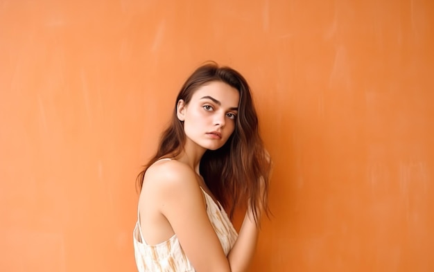 A woman with long hair stands in front of an orange wall