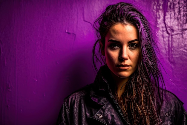 A woman with long hair stands in front of a purple background.