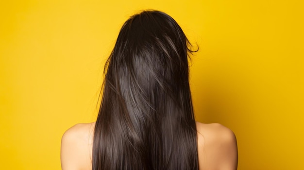 a woman with long hair stands in front of a yellow wall