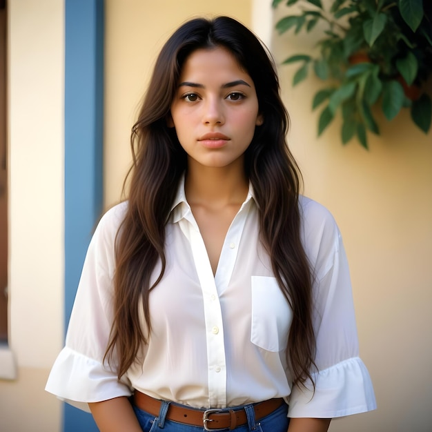 Photo a woman with long hair stands in front of a yellow wall