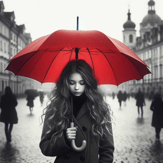 a woman with long hair stands in the rain under an umbrella