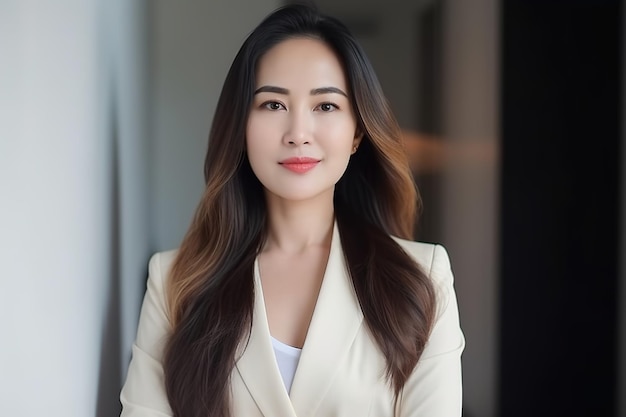 A woman with long hair stands in a room with a white shirt and a white shirt