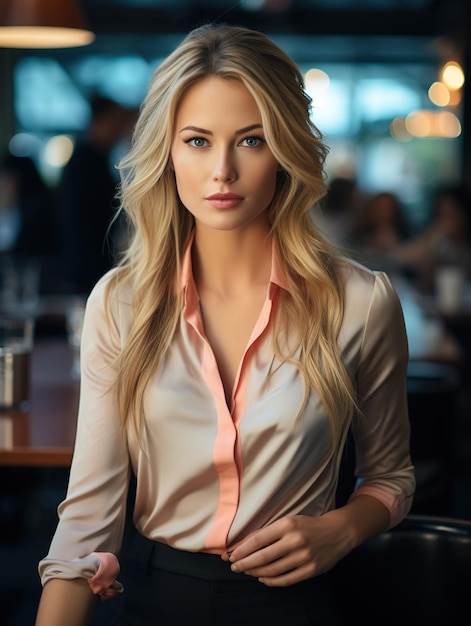 a woman with long hair stands