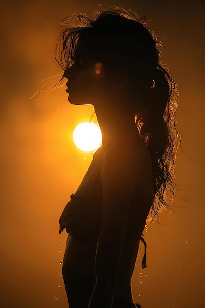 Photo a woman with long hair and a sun in the background