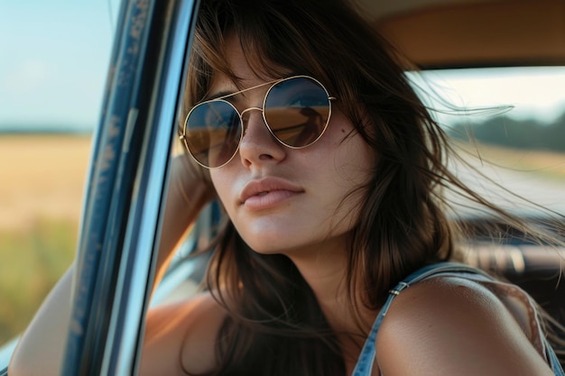 A woman with long hair and sunglasses is sitting in a car