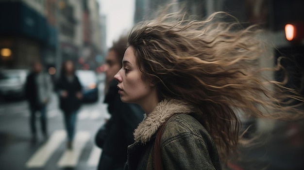 A woman with long hair walks down a street in a city.