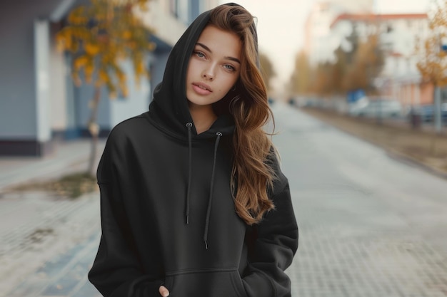 a woman with long hair wearing a black hoodie