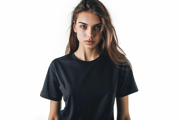 a woman with long hair wearing a black shirt with a white background