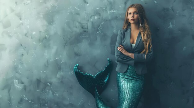 Photo a woman with long hair wearing a blazer and a mermaid tail