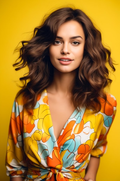 Woman with long hair wearing colorful shirt and posing for picture Generative AI