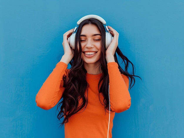 Photo a woman with long hair wearing a orange shirt with the words quot i love you quot on the side of her