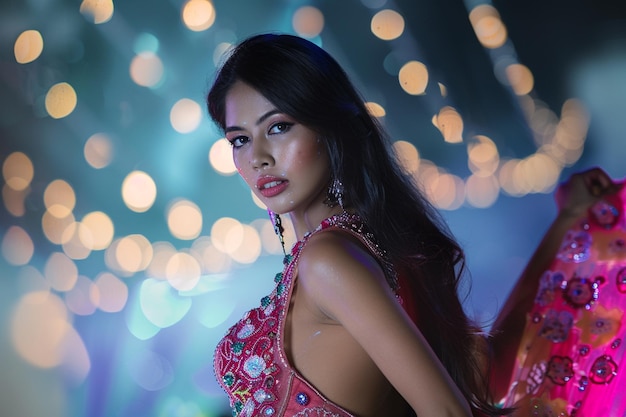 a woman with long hair wearing a pink and white beaded dress