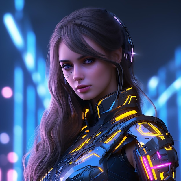 a woman with long hair wearing a robot outfit with headphones