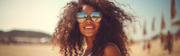 Woman With Long Hair Wearing Sunglasses on the Beach Banner