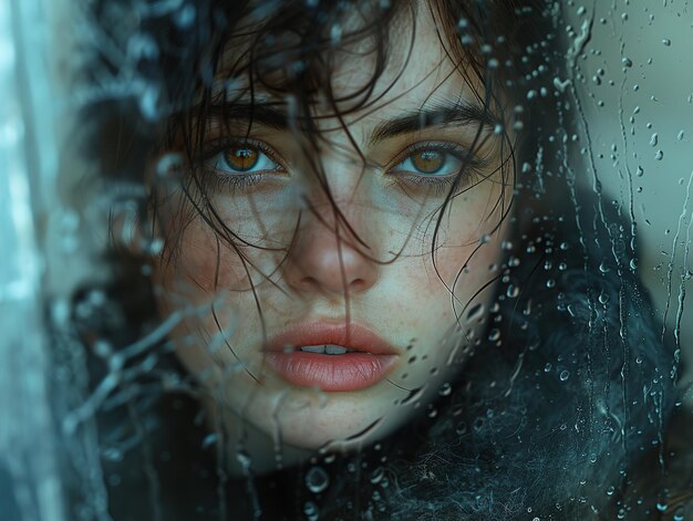 a woman with long hair and a wet hair looks through a window