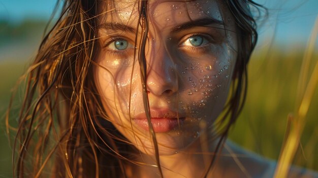 a woman with long hair and a wet hair