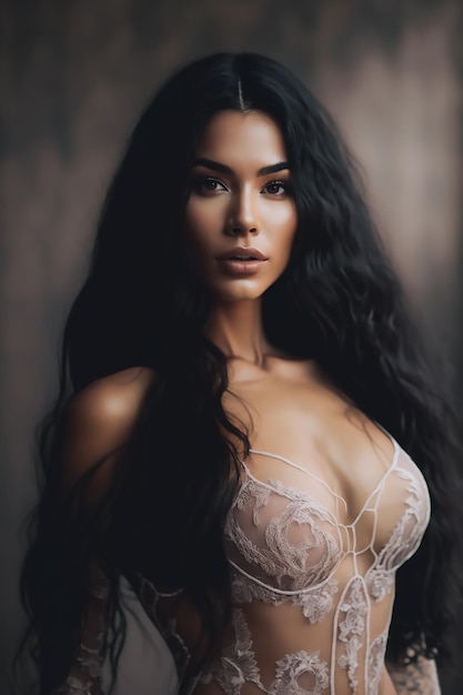 A woman with long hair and a white bra