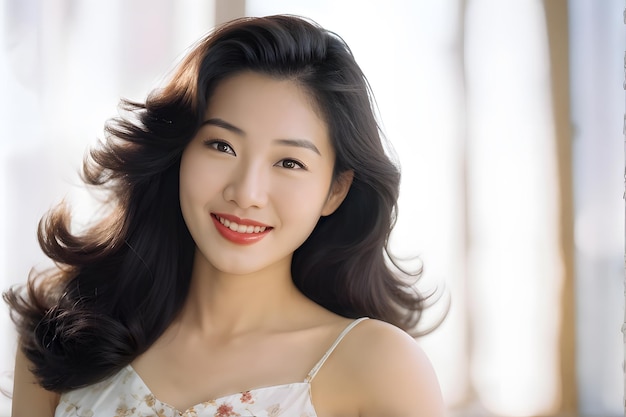 A woman with long hair and a white dress is smiling