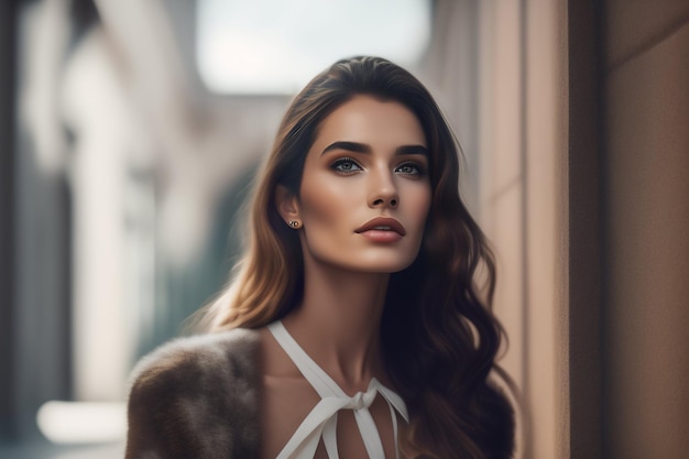 A woman with long hair and a white dress stands in front of a window.