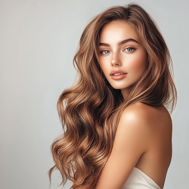 a woman with long hair and a white dress with a big smile