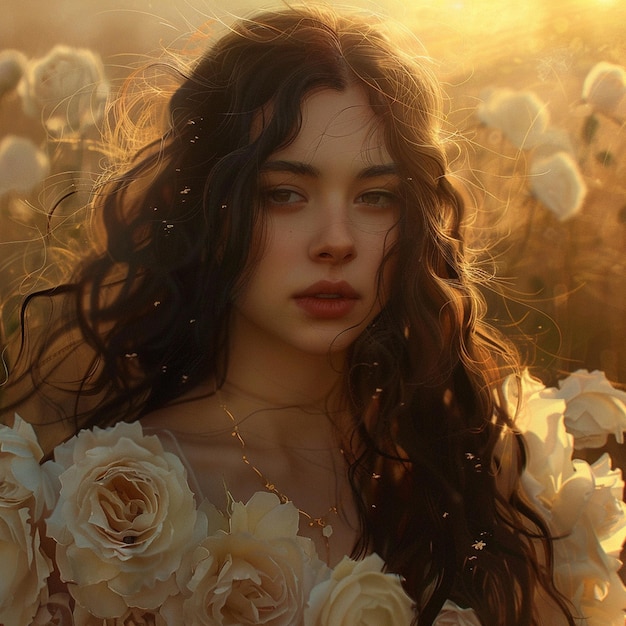 a woman with long hair and a white dress with flowers in the background