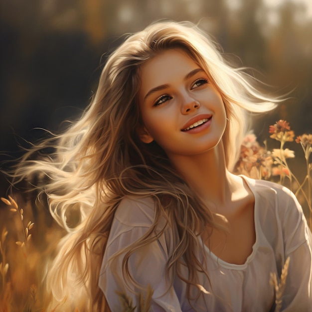 a woman with long hair and a white shirt is in a field of wildflowers